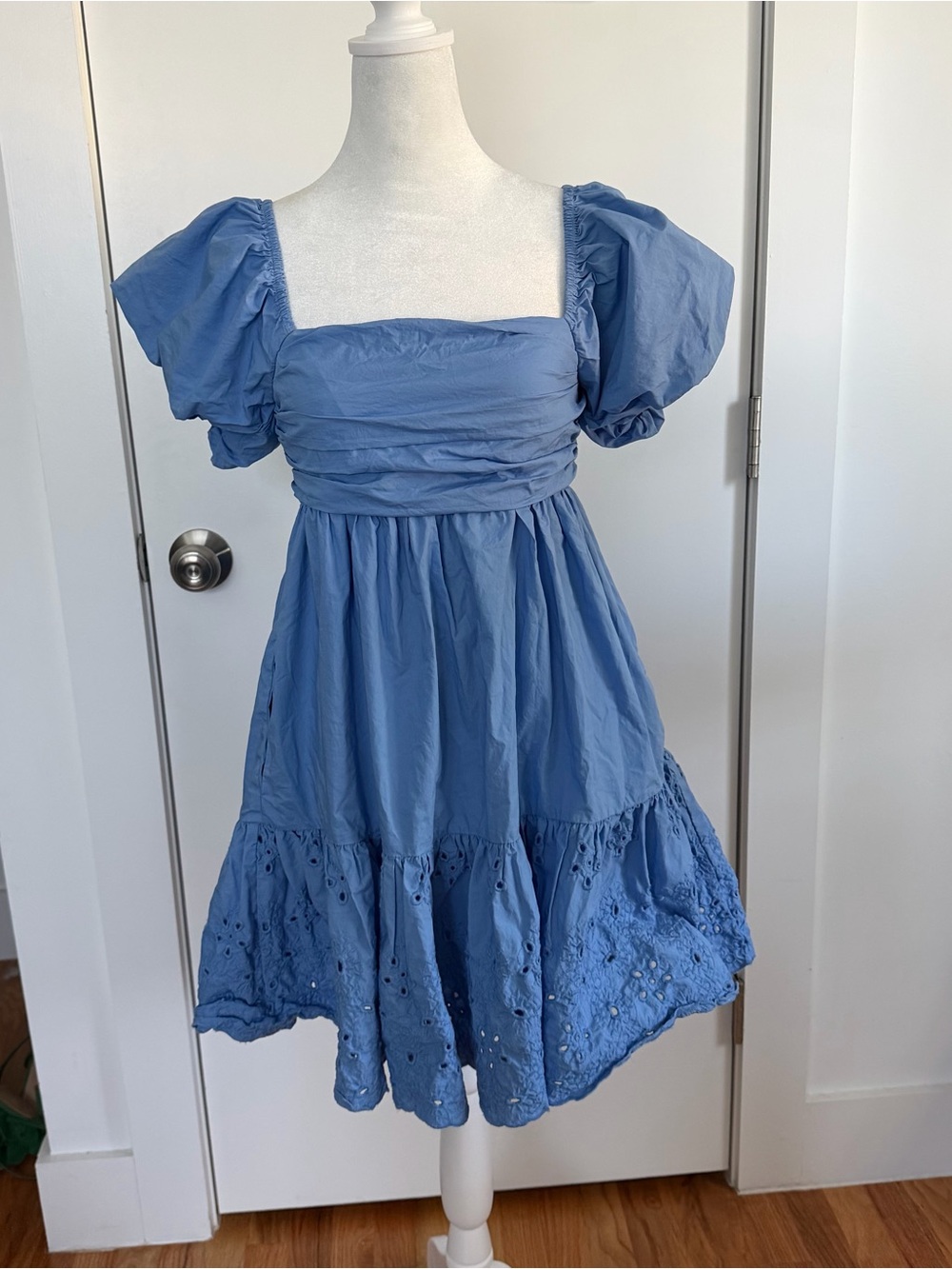 En Saison Blue Puff-Sleeve Eyelet Midi Dress